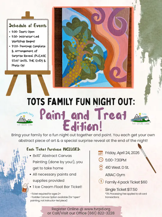 Event: Family Paint Night on April 24, 2026. Includes canvas painting, supplies, and ice cream float. Tickets available online!