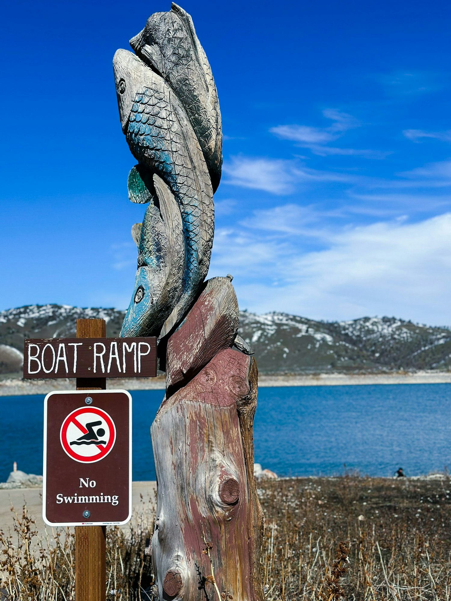 A carved fish sculpture by a lake with a "No Swimming" sign and a "Boat Ramp" indicator.