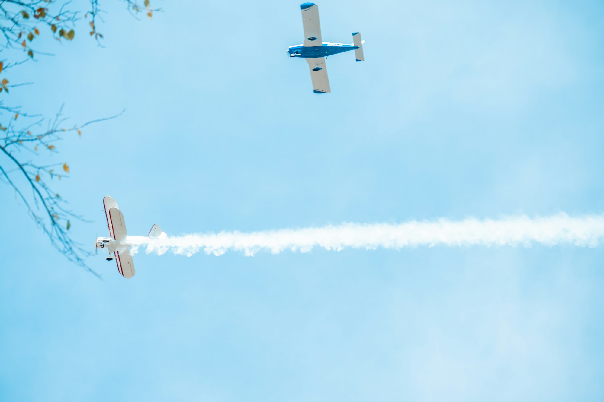 Two airplanes in a blue sky; one trails smoke, one flies above, with branches visible on the left.