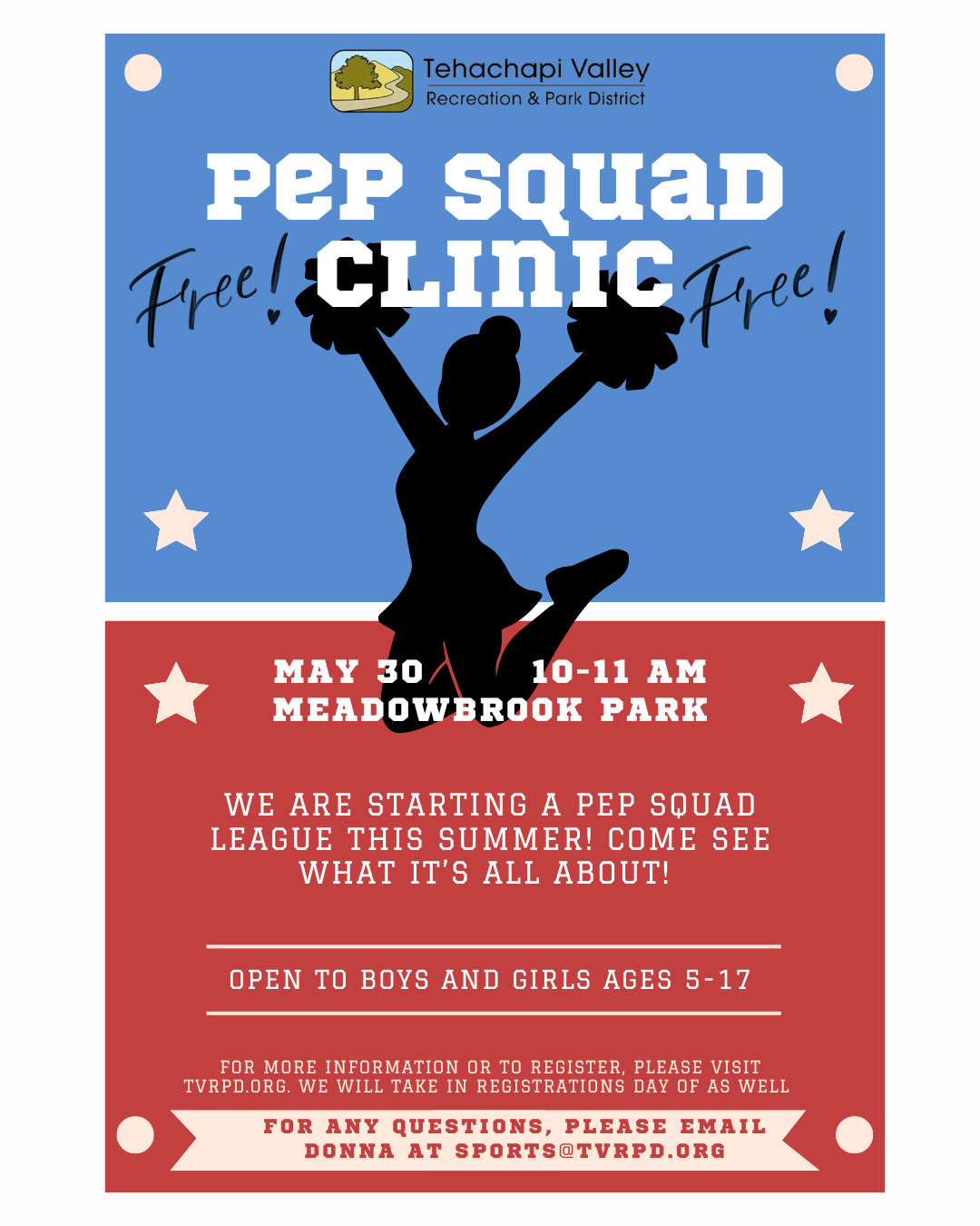 Free Pep Squad clinic on May 30, 10-11 AM at Meadowbrook Park. Open to kids ages 5-17. For details, visit tvrpd.org.