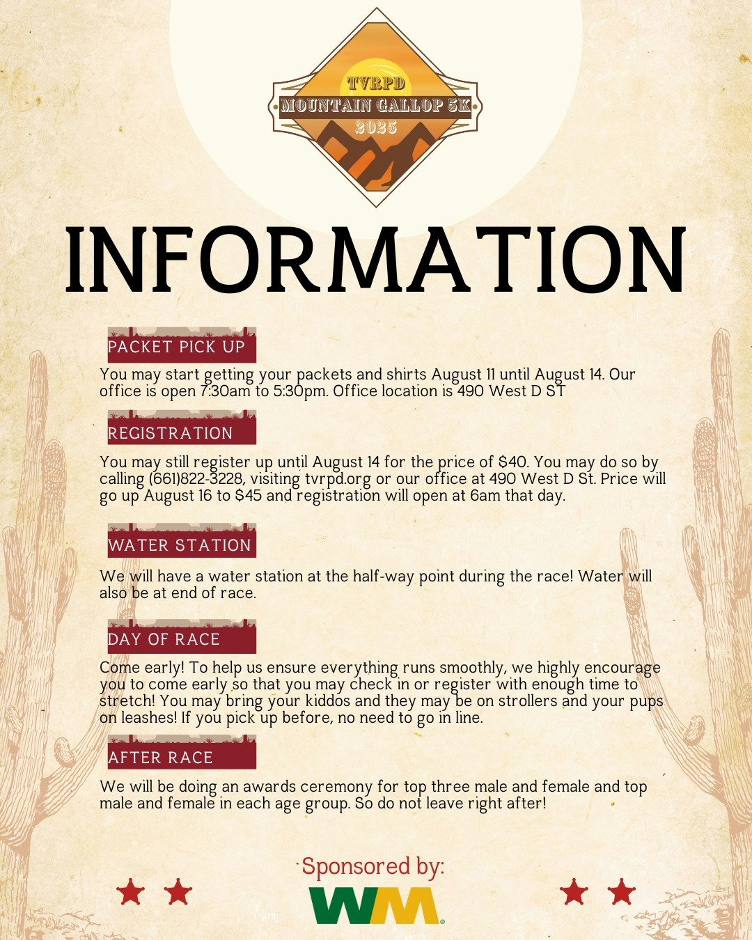 Information about TVRPD Mountain Gallop 5K: packet pickup, registration, race day details, water station, and after-race awards.