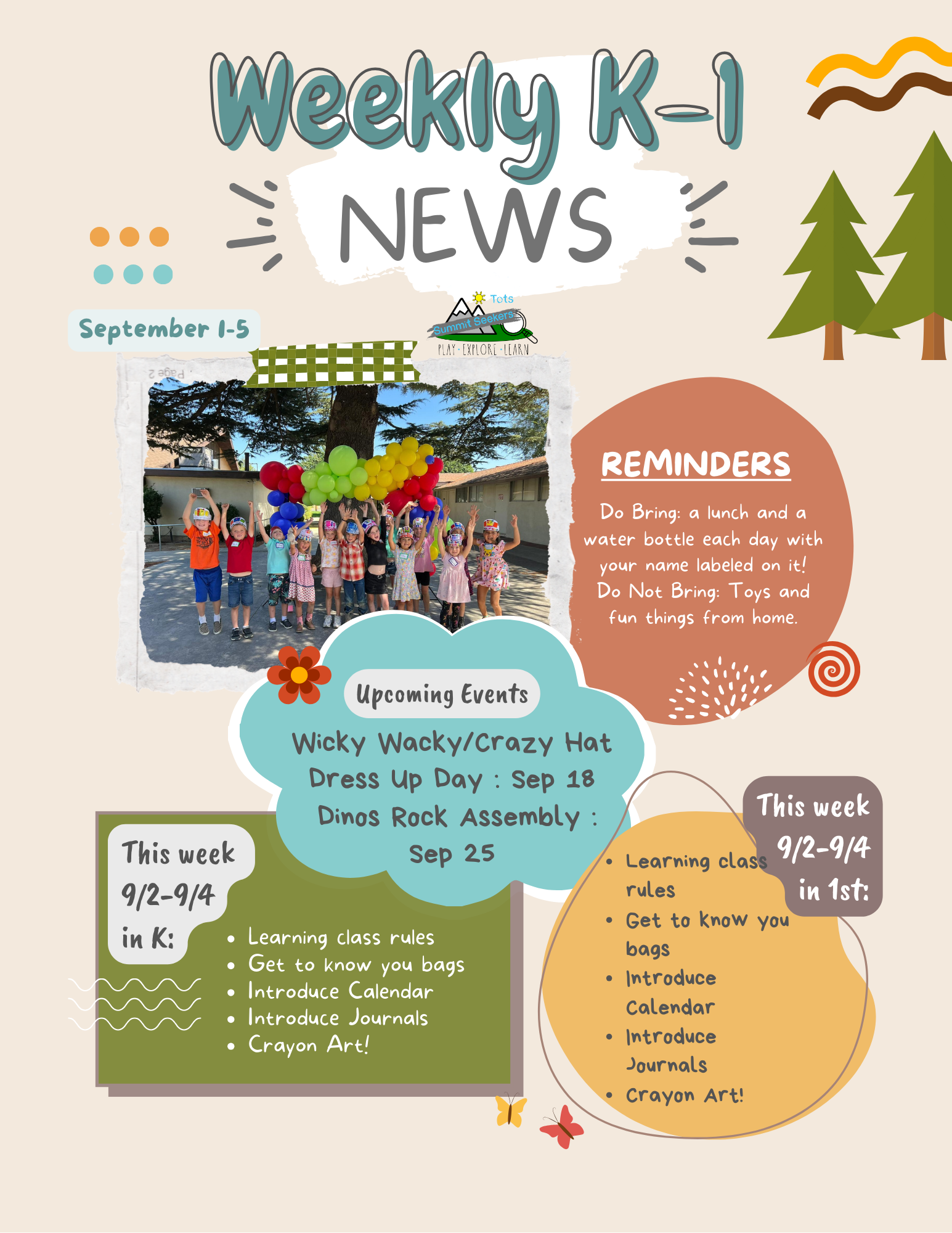 Weekly K-1 newsletter with reminders, upcoming events, and activities, featuring a photo of children with balloons.