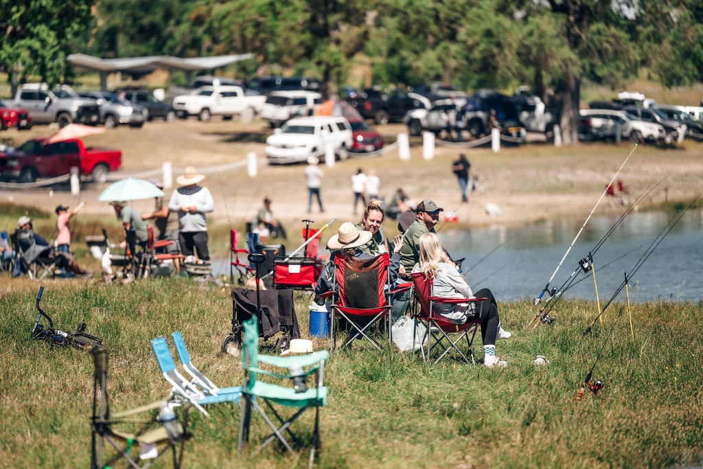 People are relaxing and fishing by a lake, with cars parked in the background, on a sunny day.