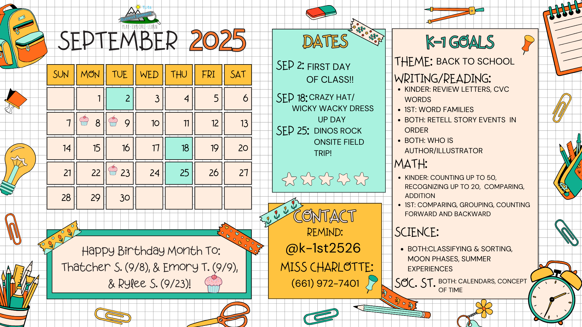 September 2025 calendar with school events, goals, and contact info. Highlights: first day, dress-up day, field trip. Birthday shoutouts.