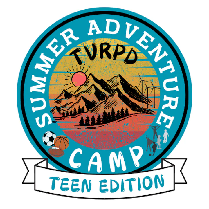 Badge with mountains, sun, and windmills. Text reads: "TVRPD Summer Adventure Camp Teen Edition" with sports icons and outdoor activities.