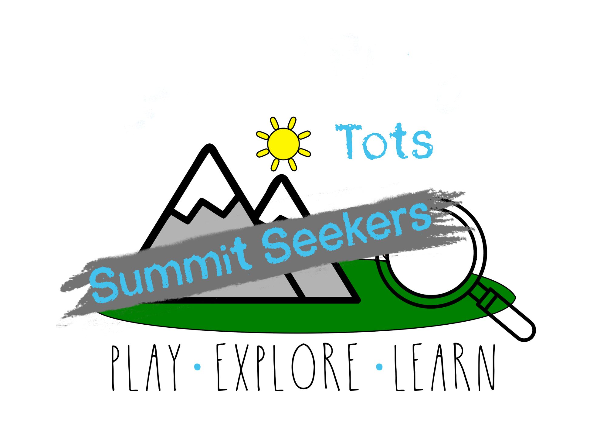 A graphic with snowy mountains, sun, and text "Summit Seekers" crossed out with "Tots" above it.