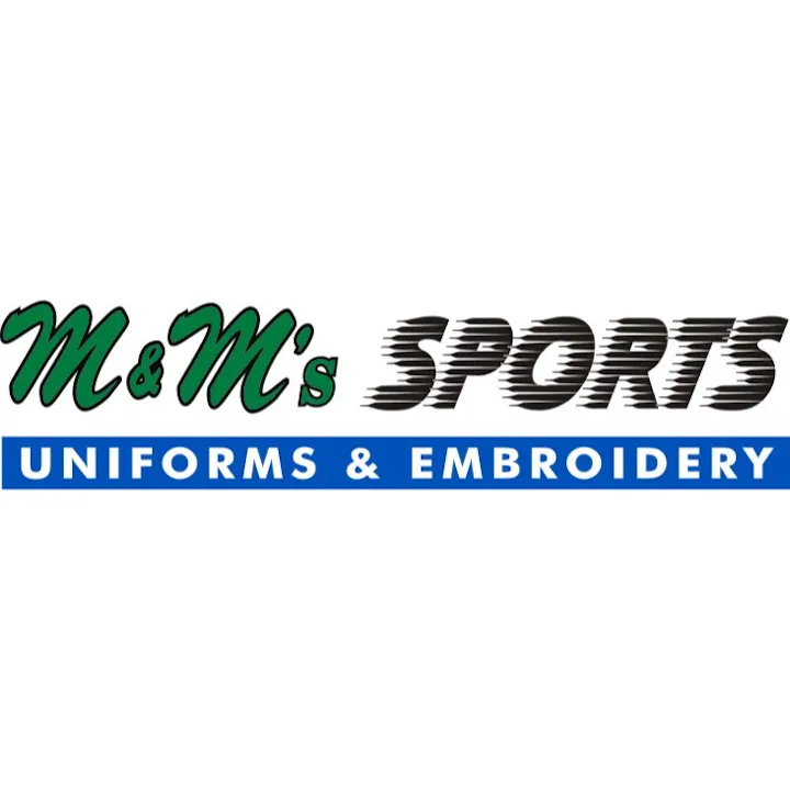 Logo for "M&M's Sports" with "Uniforms & Embroidery" text below.