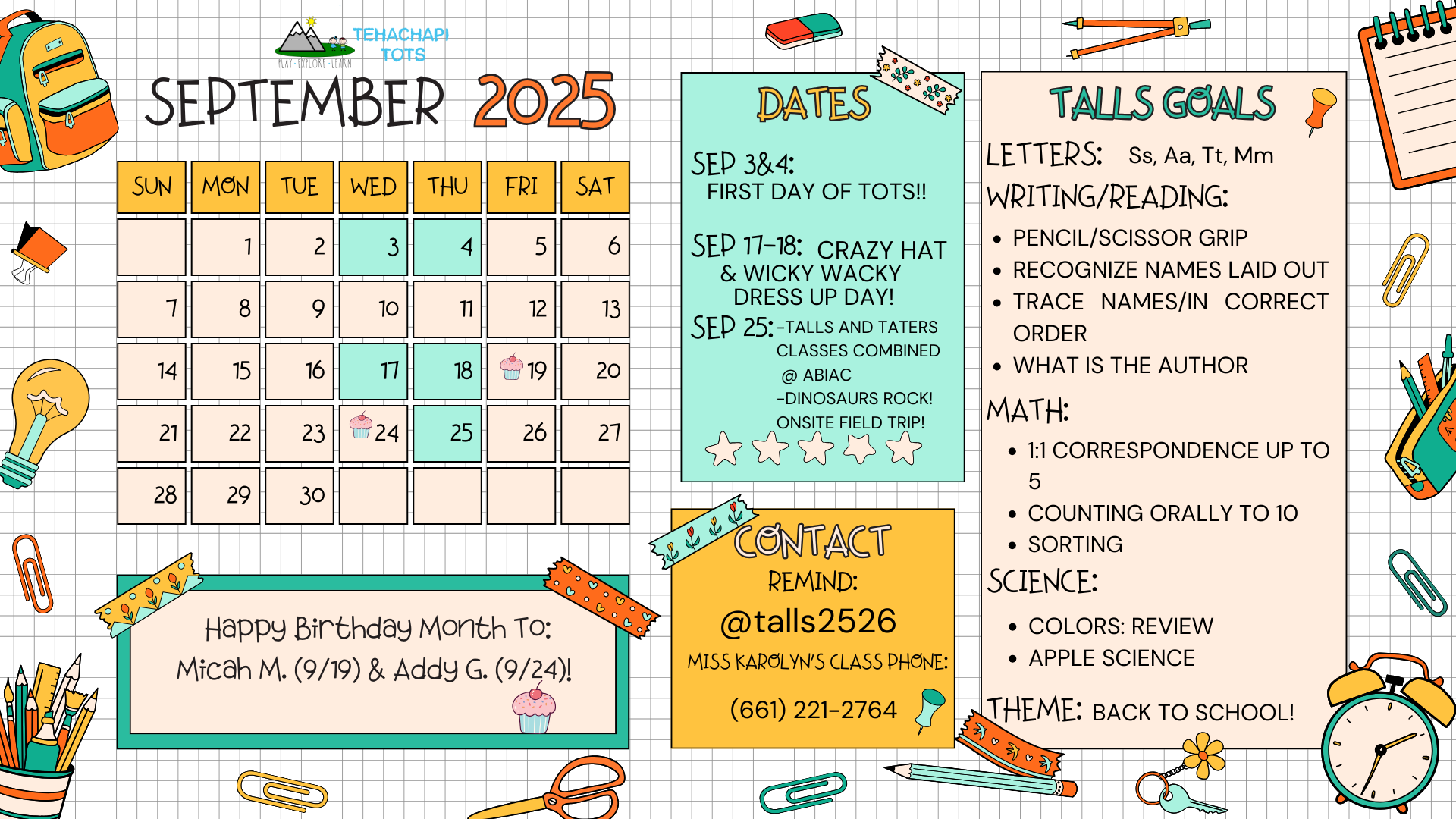 September 2025 calendar with events, goals, contact info, and birthday wishes for Micah and Addy. School-themed design.