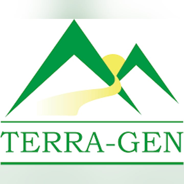 Green mountains with a yellow sun and a path, above the text "TERRA-GEN."