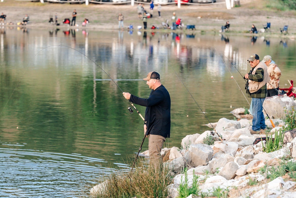 People fishing by a lake, with rods bent, reflecting calm outdoor recreational activity.