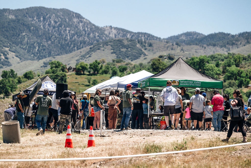 Outdoor event with people at booths, mountainous background.