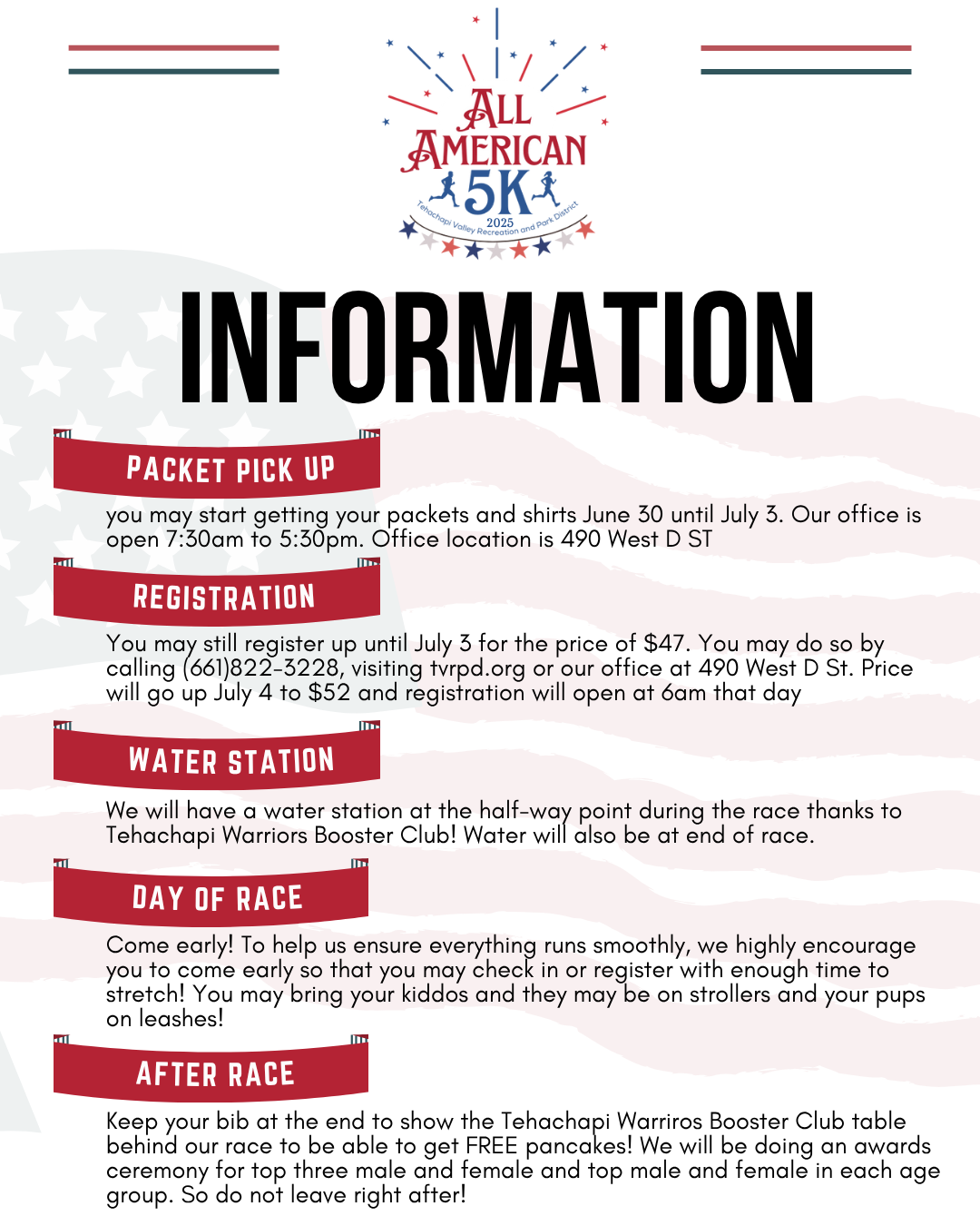All American 5K info: packet pickup, registration, water stations, race day and post-race details.