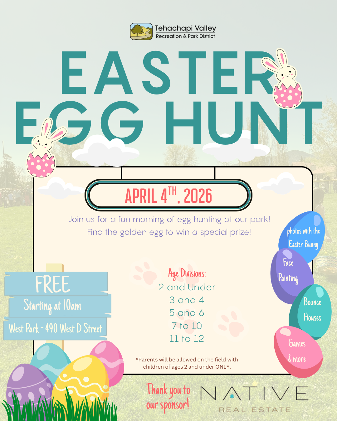 Tehachapi Valley Easter Egg Hunt on April 4, 2026, at West Park, starting at 10 AM. Free fun for kids with activities!