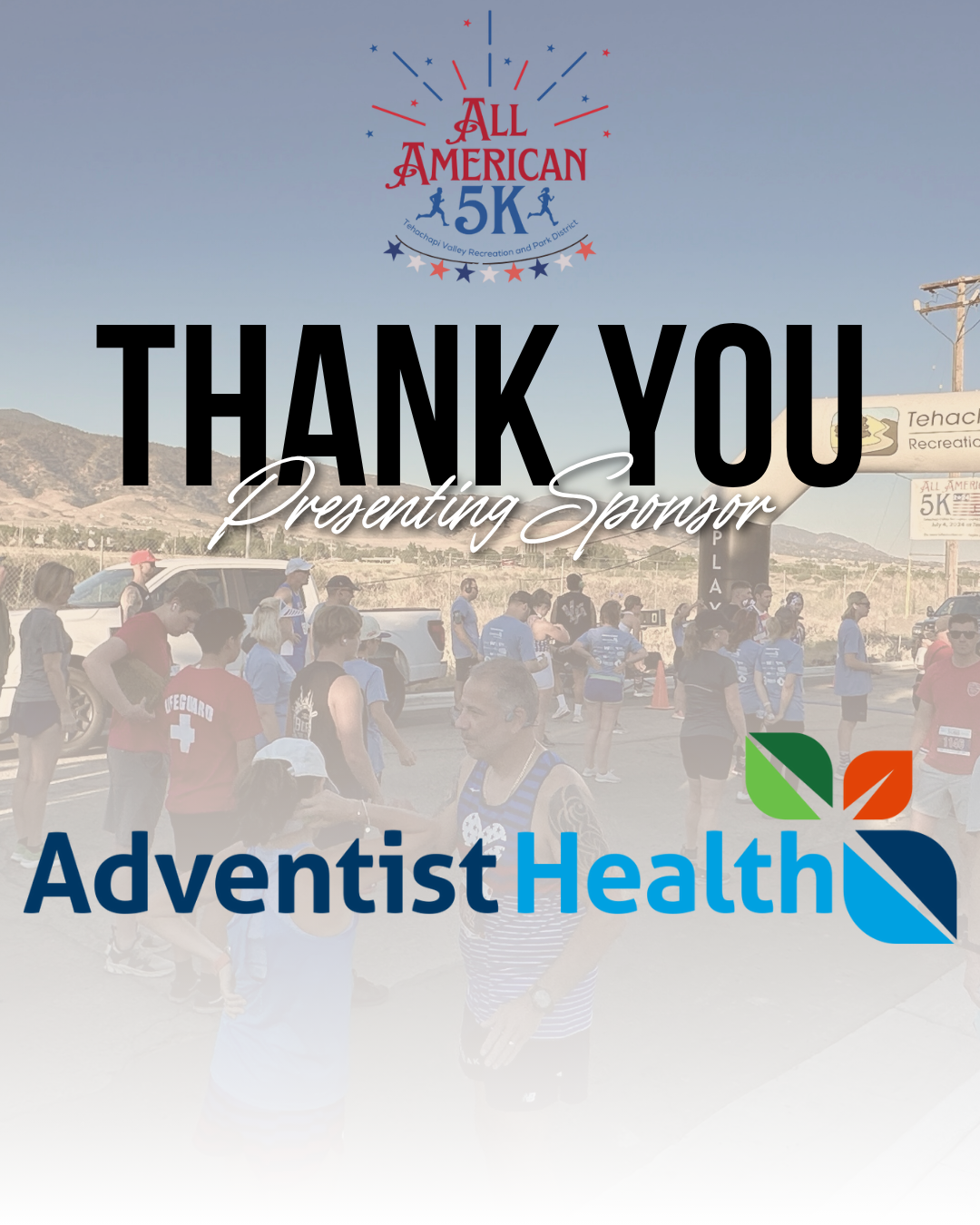 "All American 5K" with "Thank You Presenting Sponsor Adventist Health" and a background of people gathered outdoors.