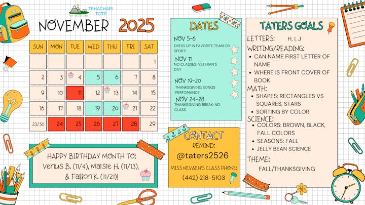 November 2025 calendar with events, themed goals, contact info, and birthdays. Features educational focuses in letters, math, and science.