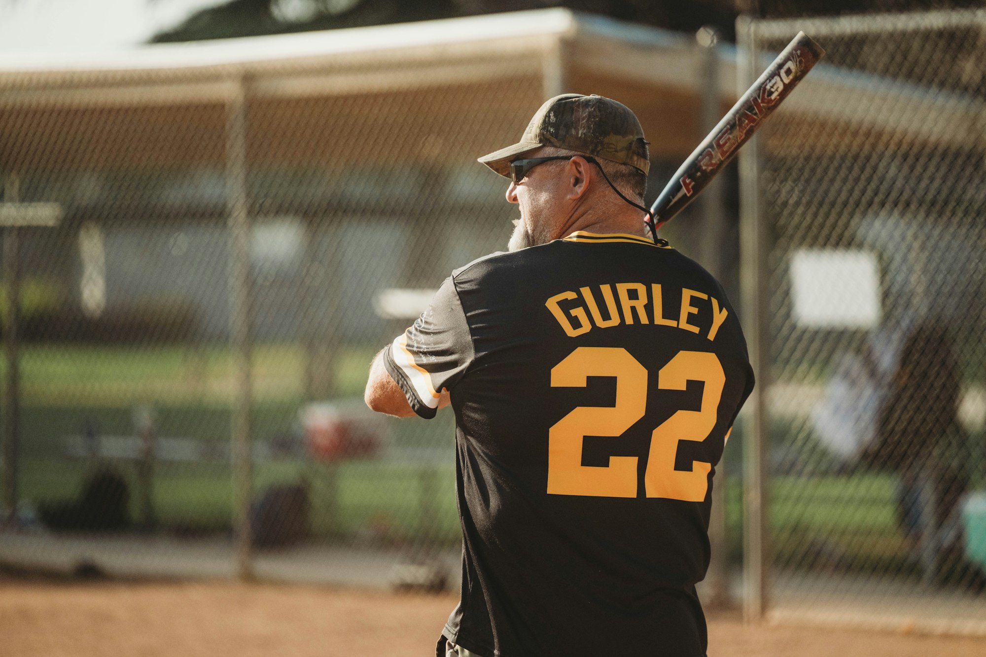A person in a baseball jersey holding a bat on a field, wearing a cap and sunglasses, viewed from behind.