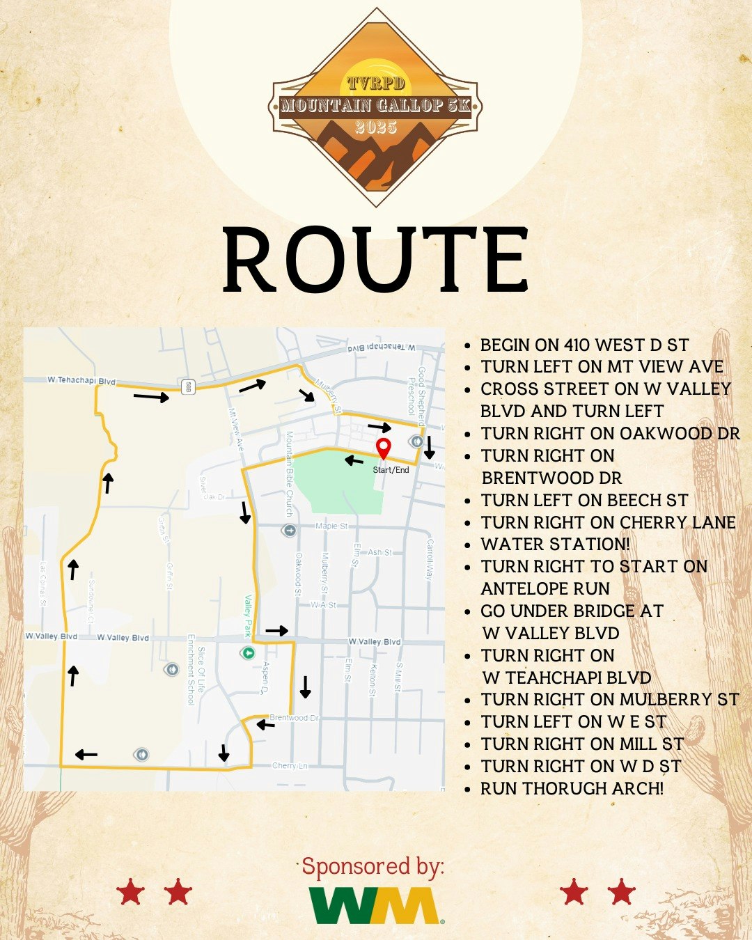 5K race route map with directions, starting at 410 West D St, featuring turns, landmarks, and a water station. Sponsored by WM.