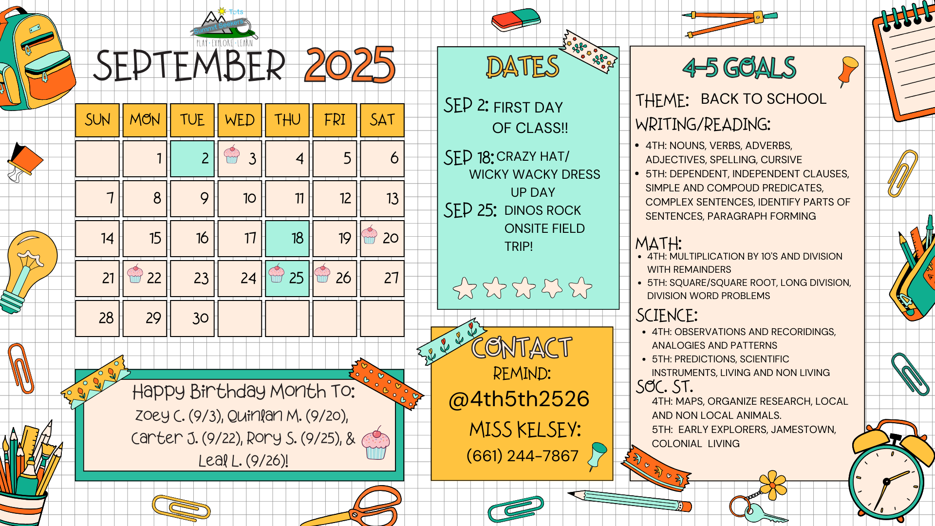 September 2025 calendar with events, goals for grades 4-5, and contact info. Decorated with school supplies.