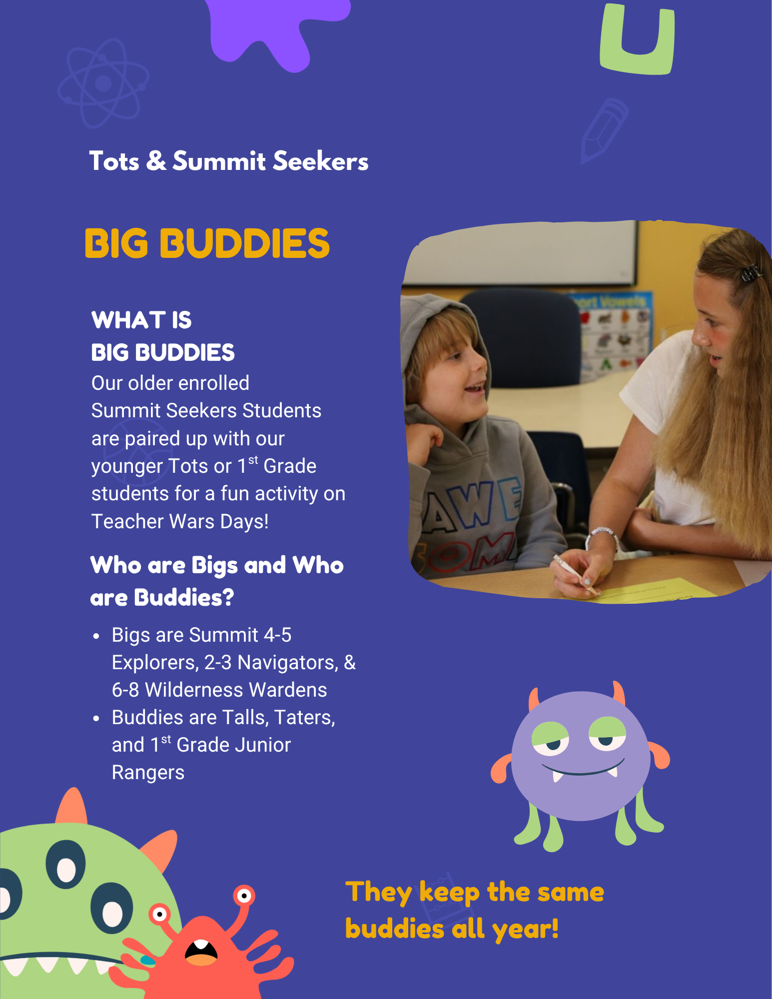 The image describes a "Big Buddies" program pairing older Summit Seekers with younger Tots for fun activities.