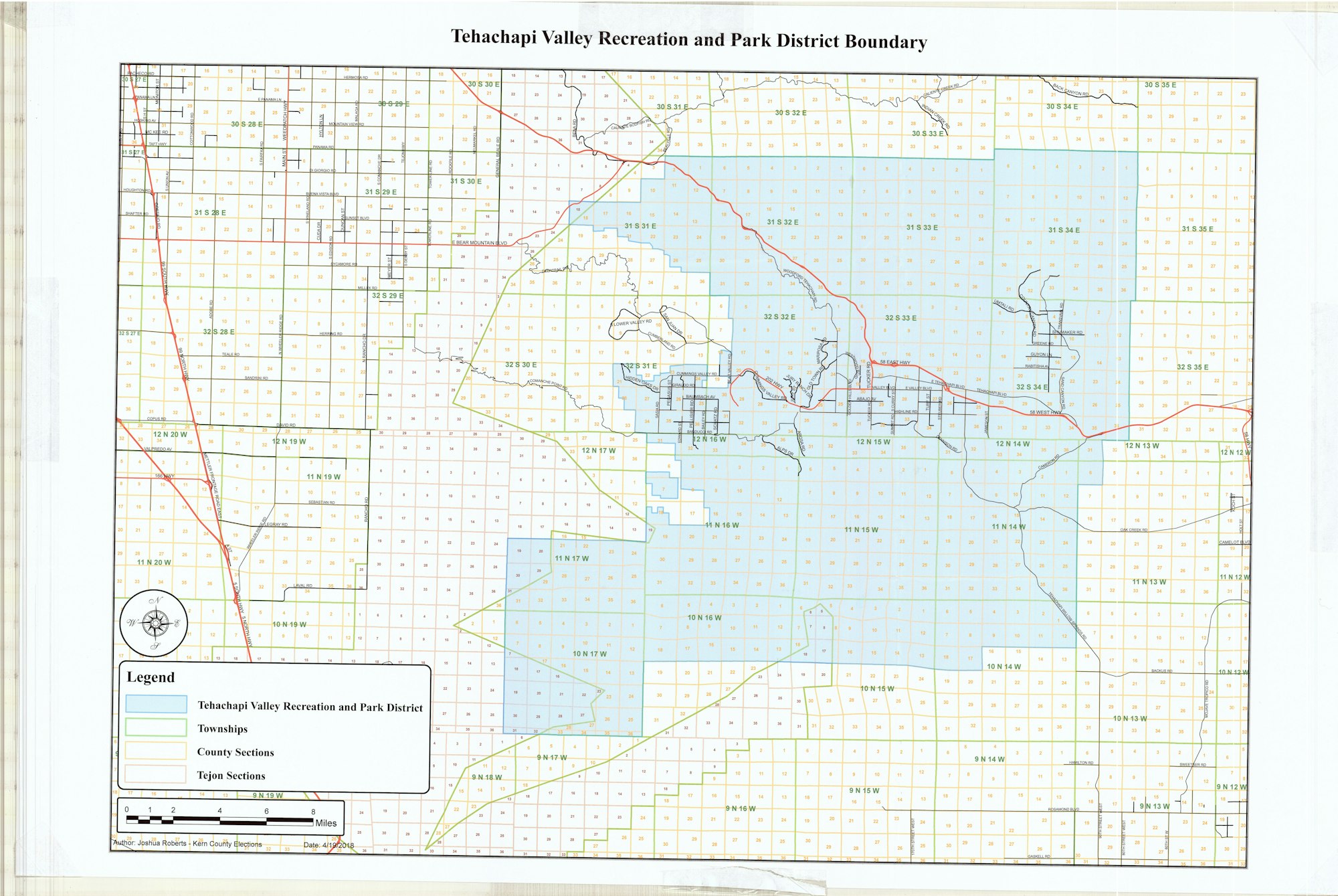 Map of Tehachapi Valley Recreation and Park District Boundary with townships, county sections, and Tejon sections marked.