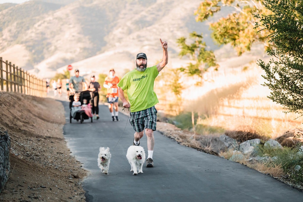 A man in a green shirt walks dogs on a path. Other people and kids with a stroller are in the background, surrounded by hills and trees.