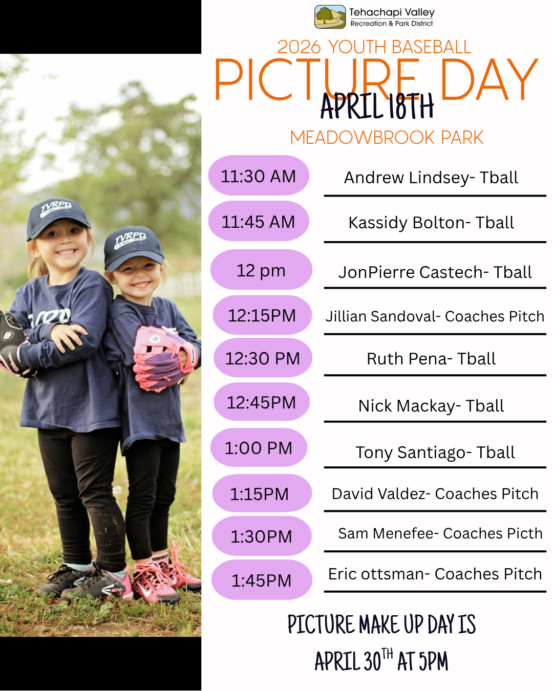 Image details a schedule for 2026 Youth Baseball Picture Day at Meadowbrook Park on April 18th, with team names and times listed.