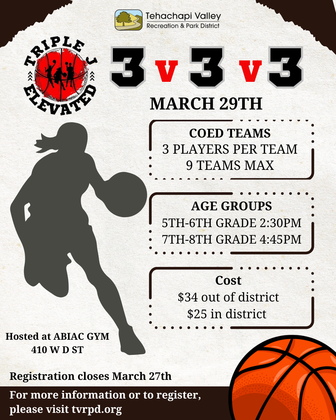 3v3 basketball tournament on March 29th for 5th-8th graders. Coed teams, $25-$34 fee. Register by March 27th at ABIAC Gym.