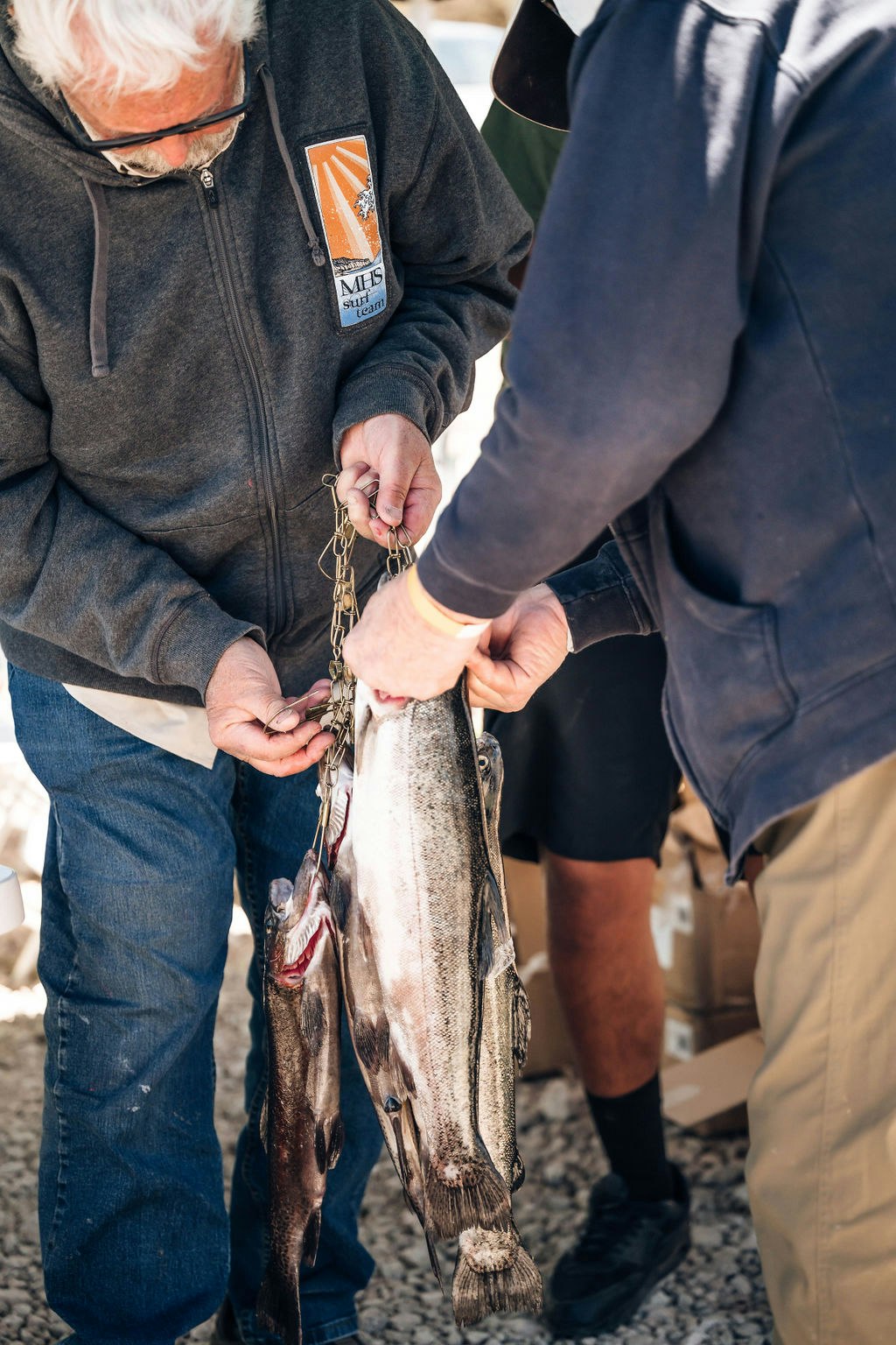Two people holding a string of freshly caught fish, with focus on the fish and hands.