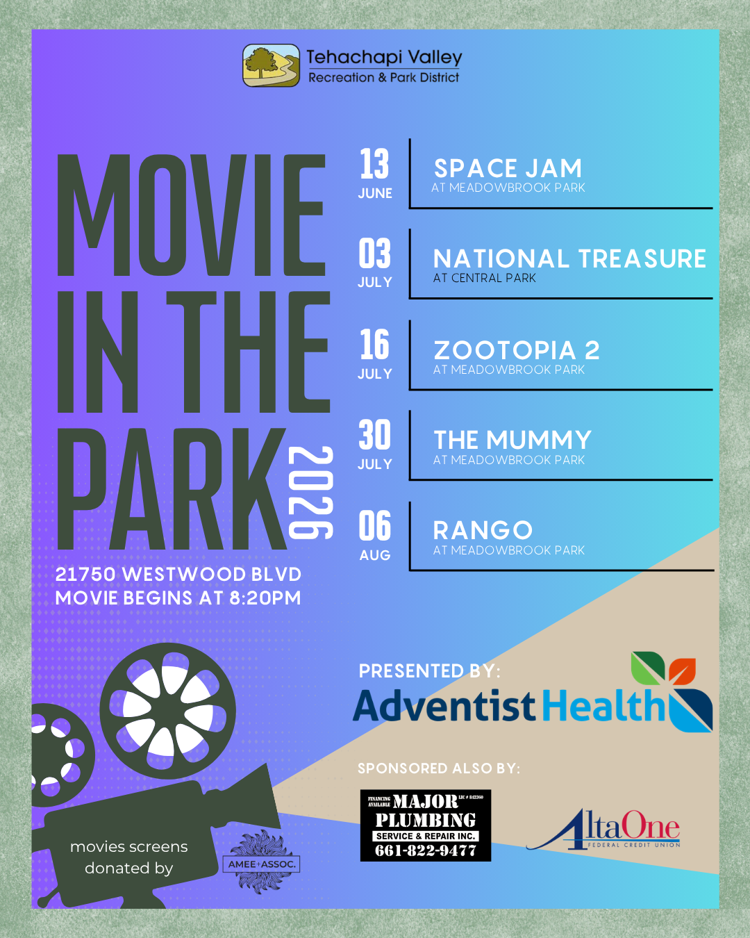 Tehachapi Valley's "Movie in the Park" features films like "Space Jam" and "Zootopia 2" at various parks from June to August 2026.