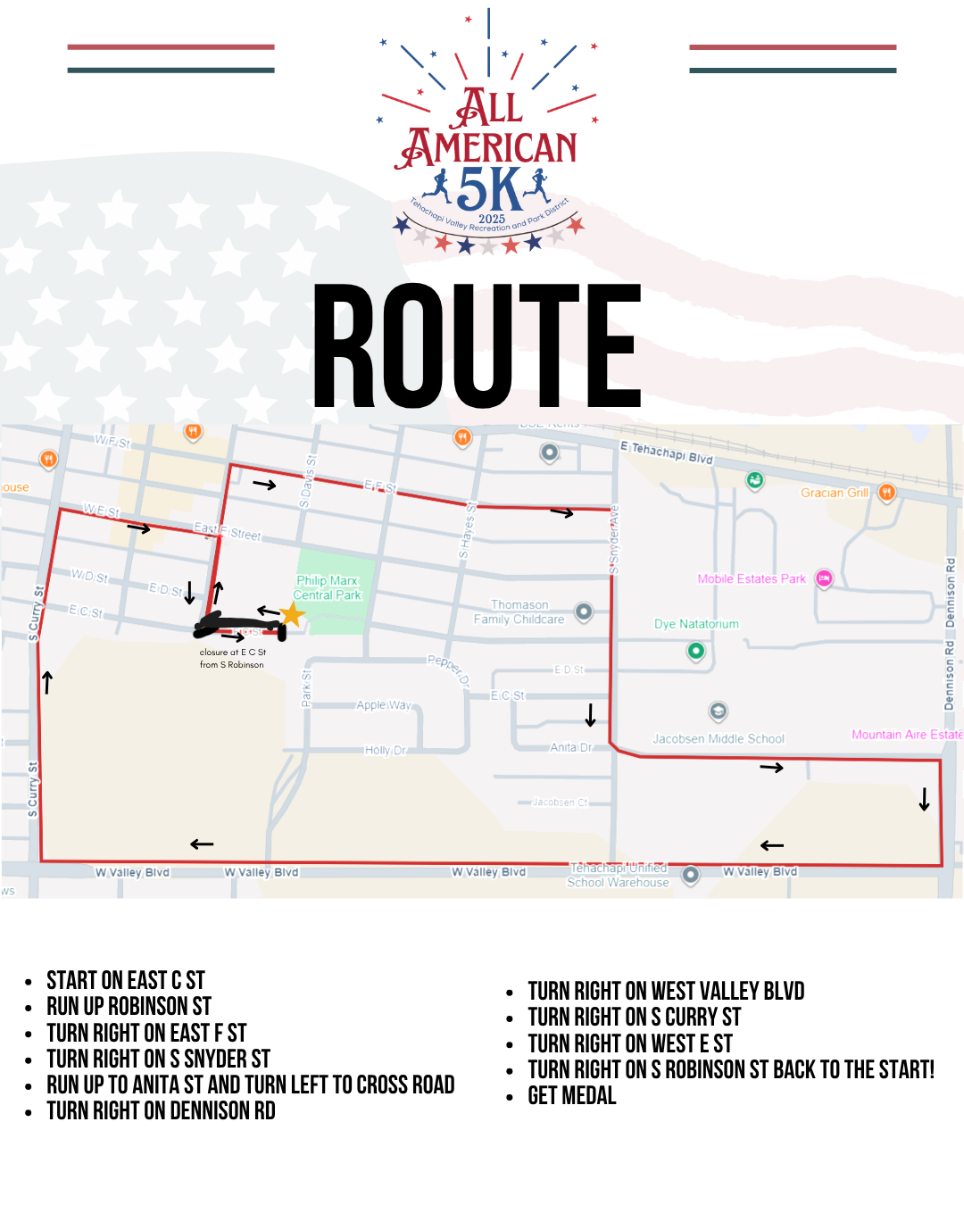 All American 5K route map with step-by-step directions and starting point.