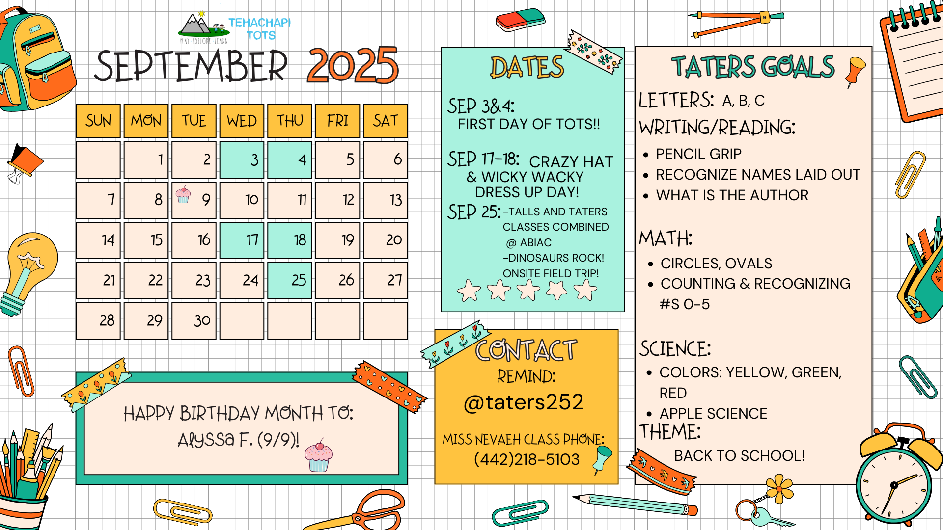 September 2025 calendar for "Tehachapi Tots" with events, goals, and birthday. Includes contact info and theme: Back to School!