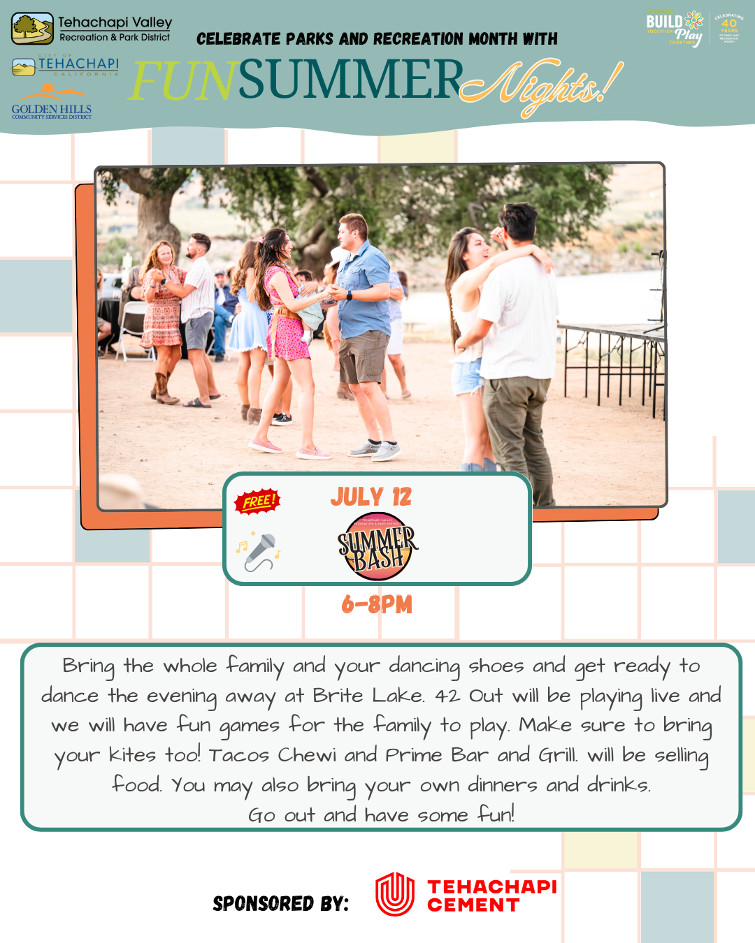 Summer event announcement with dancing, food, and family activities on July 12, 6-8 PM, at Brite Lake.