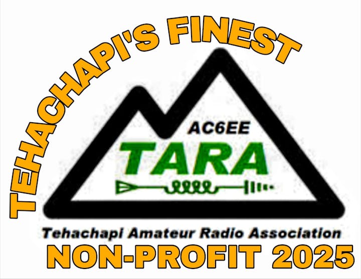 Logo of Tehachapi Amateur Radio Association with text "Tehachapi's Finest Non-Profit 2025" and mountain graphic.