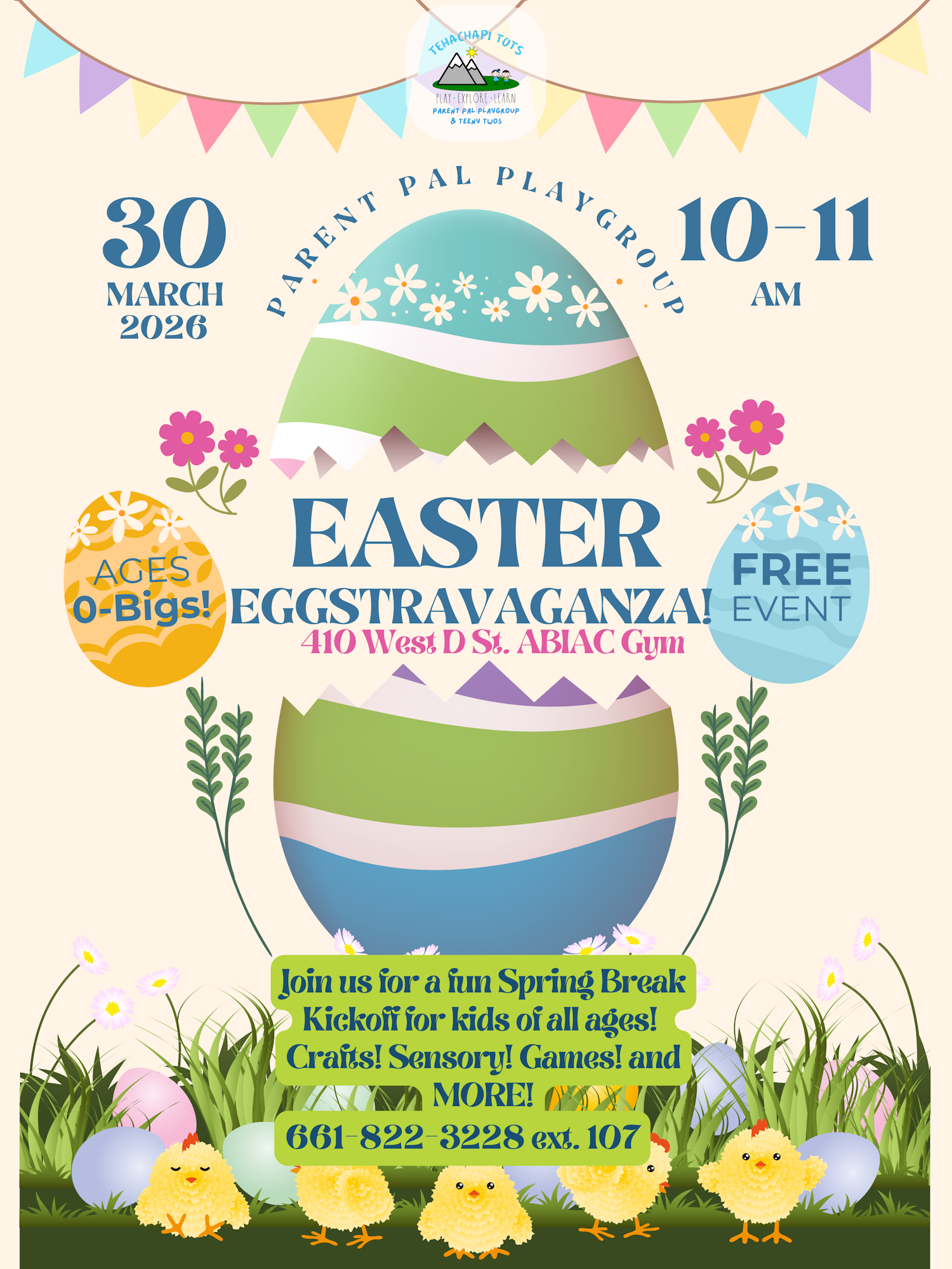Easter Eggstravaganza on March 30, 2026, at Parent Pal Playground, 10-11 AM. Free event for kids! Crafts, games, and more!