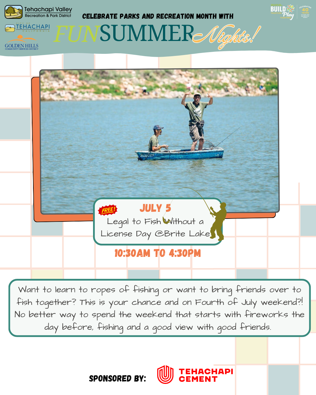 Image shows a flyer for "Legal to Fish Without a License Day" on July 5 at Brite Lake, 10:30 AM-4:30 PM, part of Fun Summer Nights.