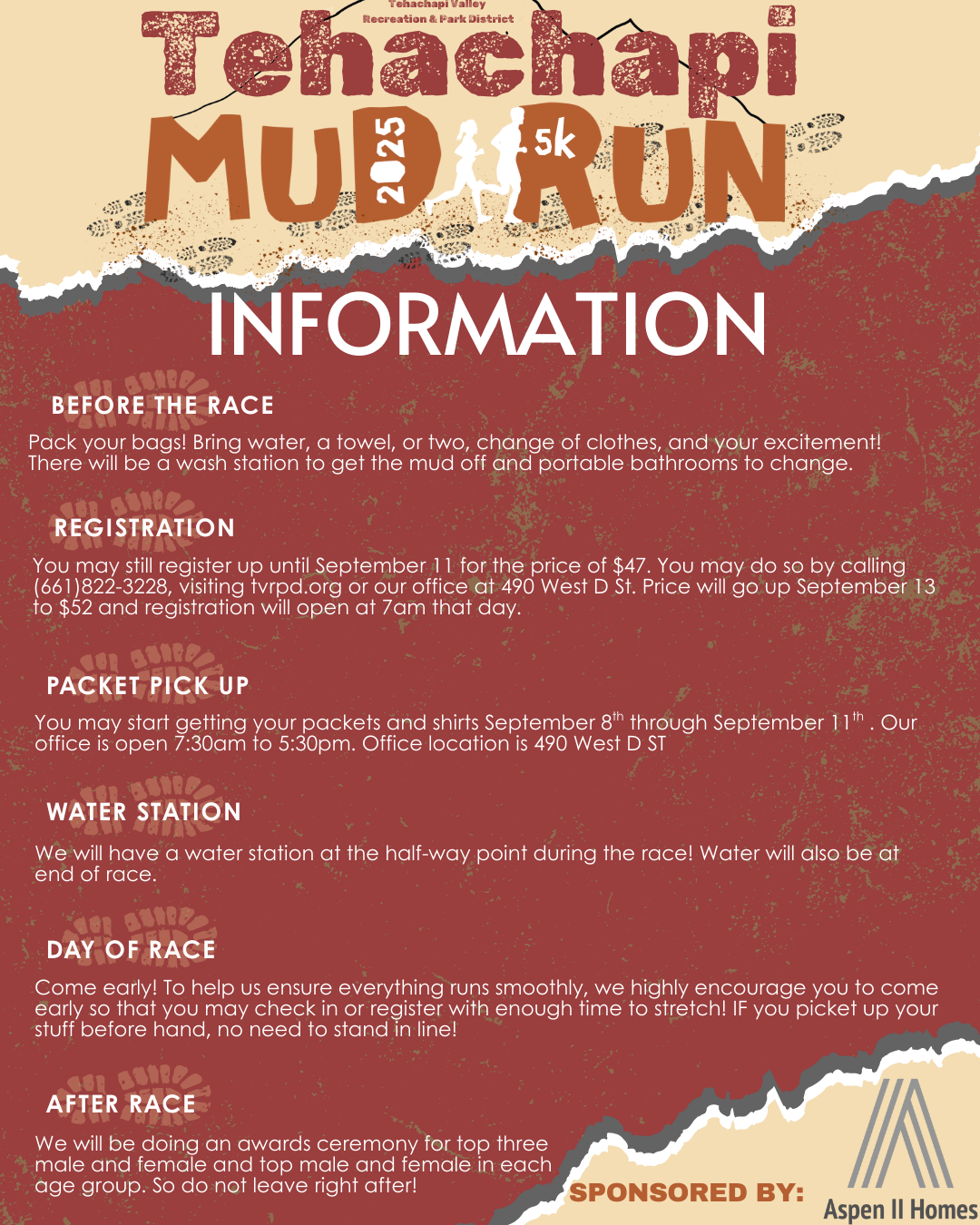 Tehachapi Mud Run 2025 info: registration, packet pickup, water stations, race day tips, and post-race awards. Sponsored by Aspen II Homes.