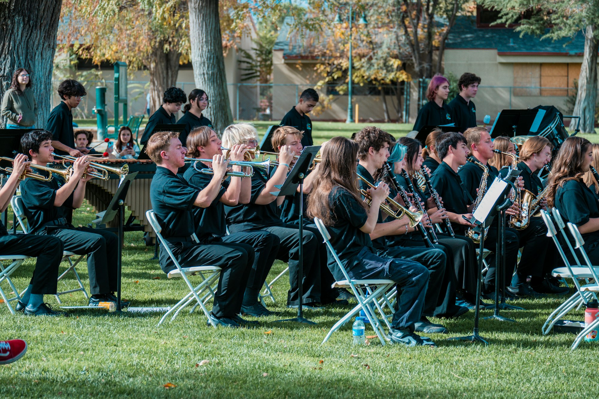 A school band playing instruments outdoors, seated on chairs with music stands, under trees with autumn foliage.