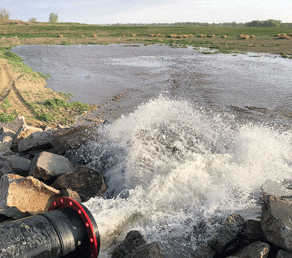 A black pipe releases a strong stream of water into a grassy field, causing splashing and forming a small waterway.