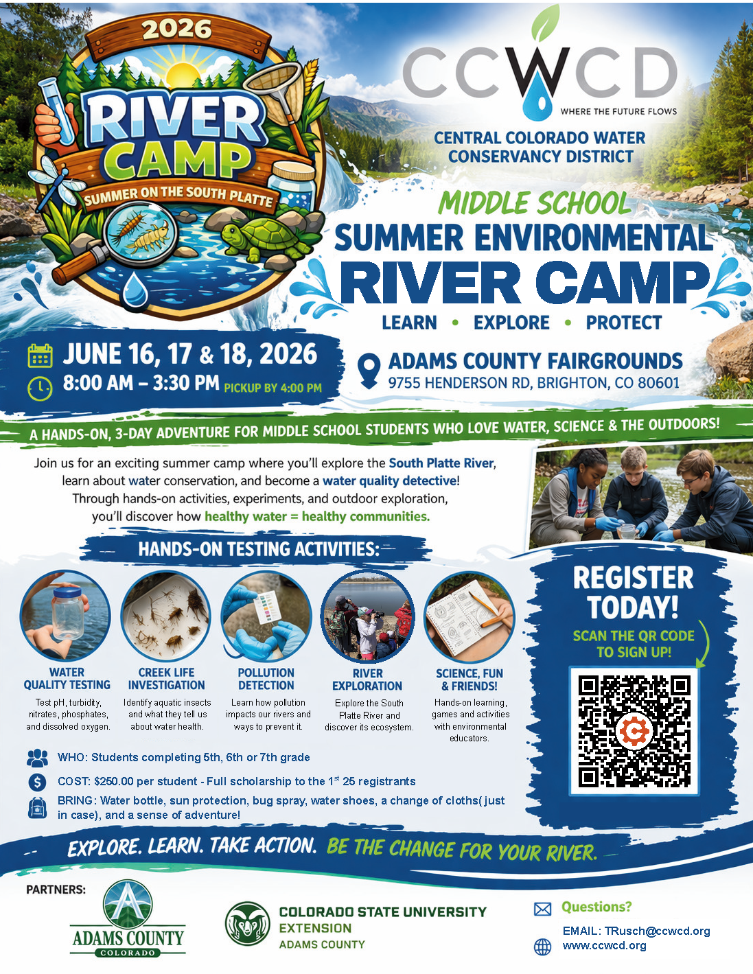 The image promotes the 2026 River Camp for middle schoolers focusing on water conservation, held June 16-18 in Brighton, CO.