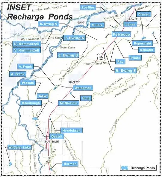 Map showing recharge ponds near Platteville, with names and water bodies marked, such as rivers and ditches.