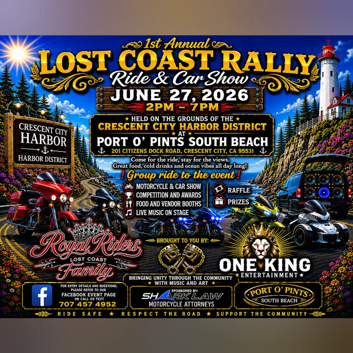 Join the 1st Annual Lost Coast Rally on June 27, 2026, in Crescent City for a motorcycle/car show, food, and live music!