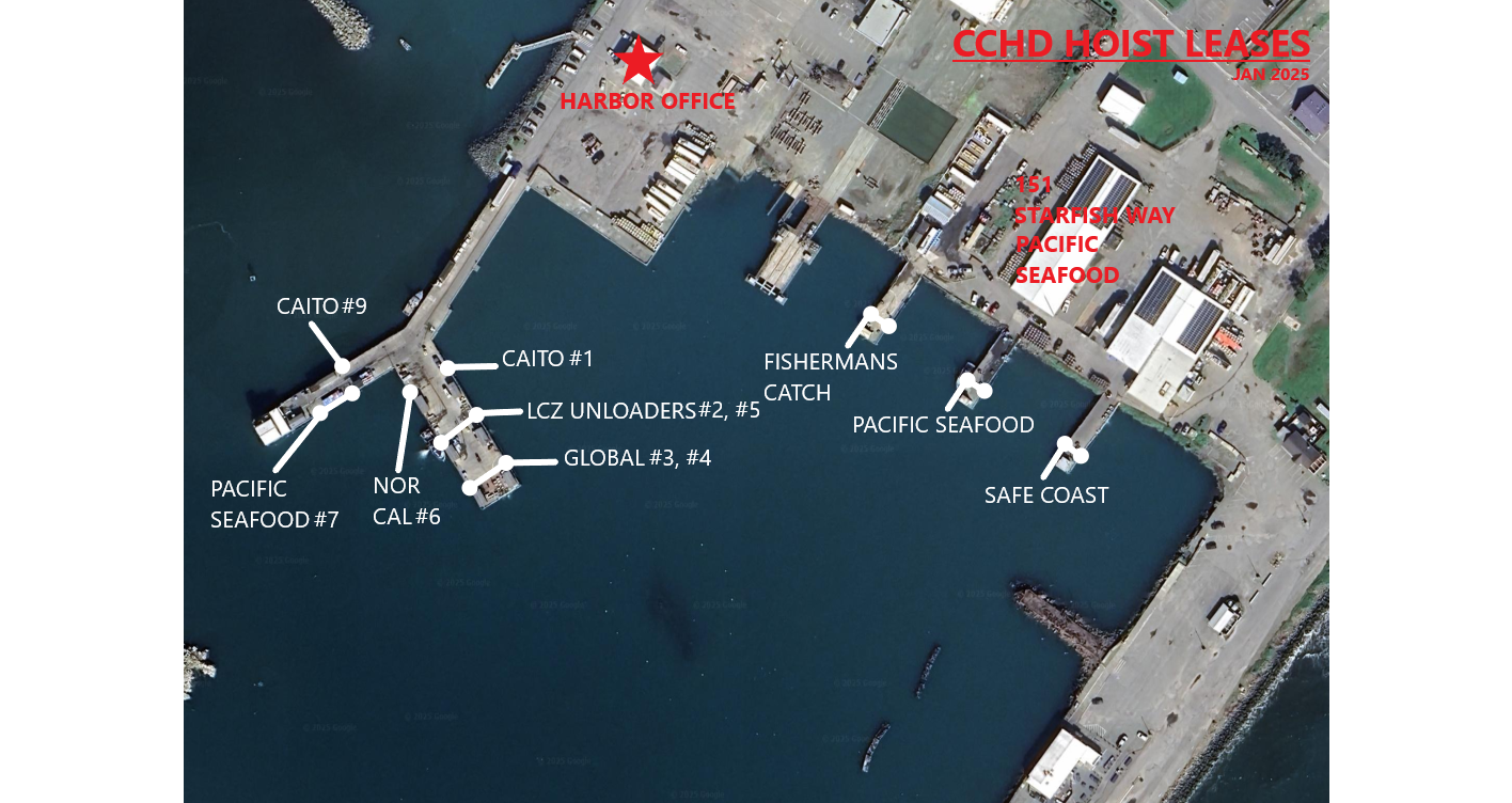 Aerial view of a harbor with labeled hoist leases, including Pacific Seafood, Fishermans Catch, and Safe Coast.