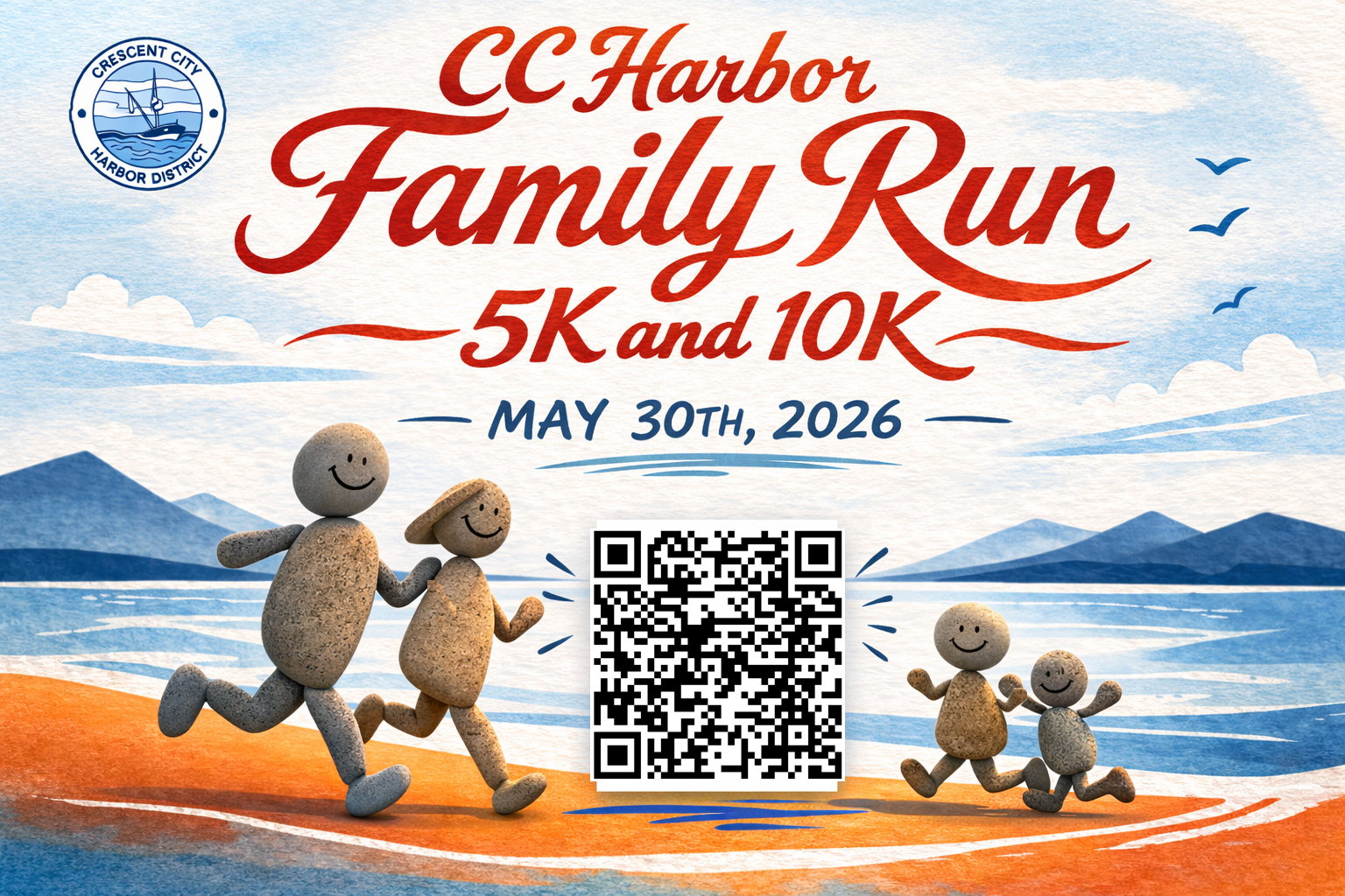 Promotional image for CC Harbor's Family Run event (5K and 10K) on May 30, 2026, featuring happy rock characters and a QR code.