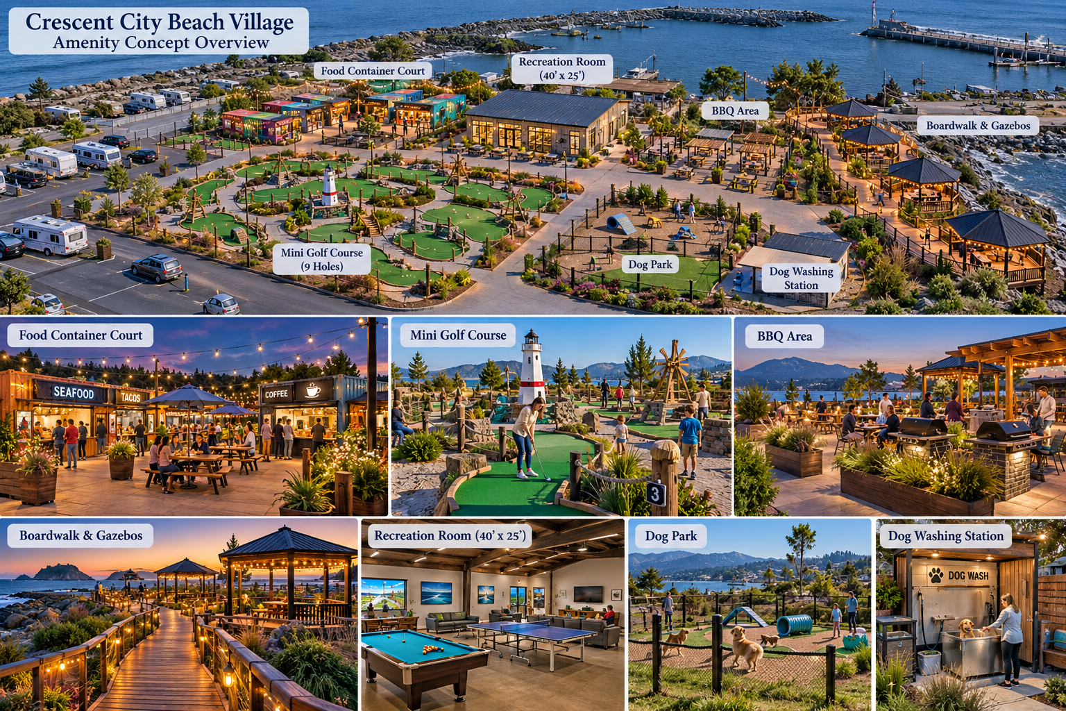 Crescent City Beach Village concept features a mini golf course, food court, BBQ area, dog park, recreation room, and boardwalk.