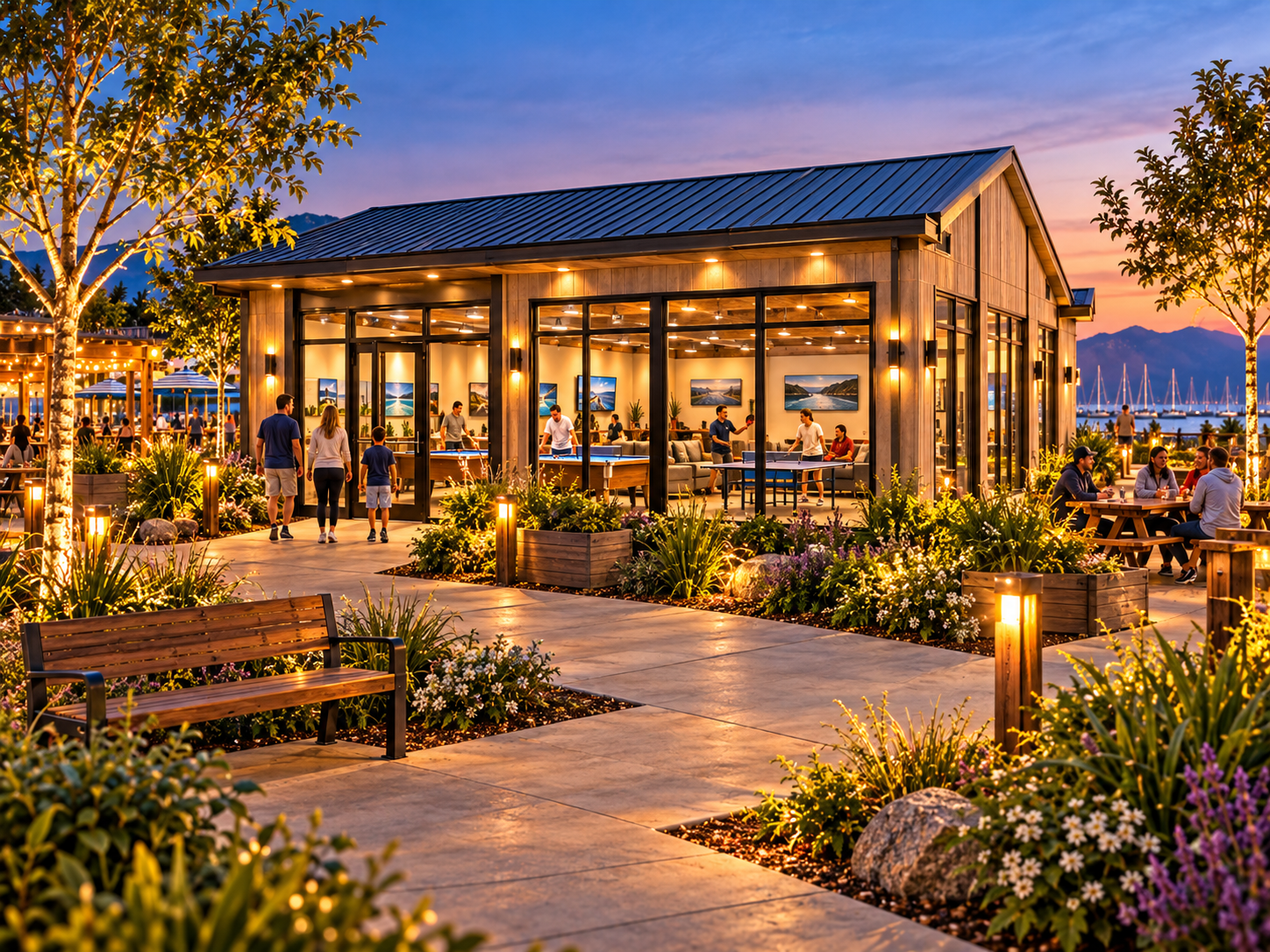 A modern building with large windows, surrounded by greenery and outdoor seating, during sunset. People enjoy leisure activities.