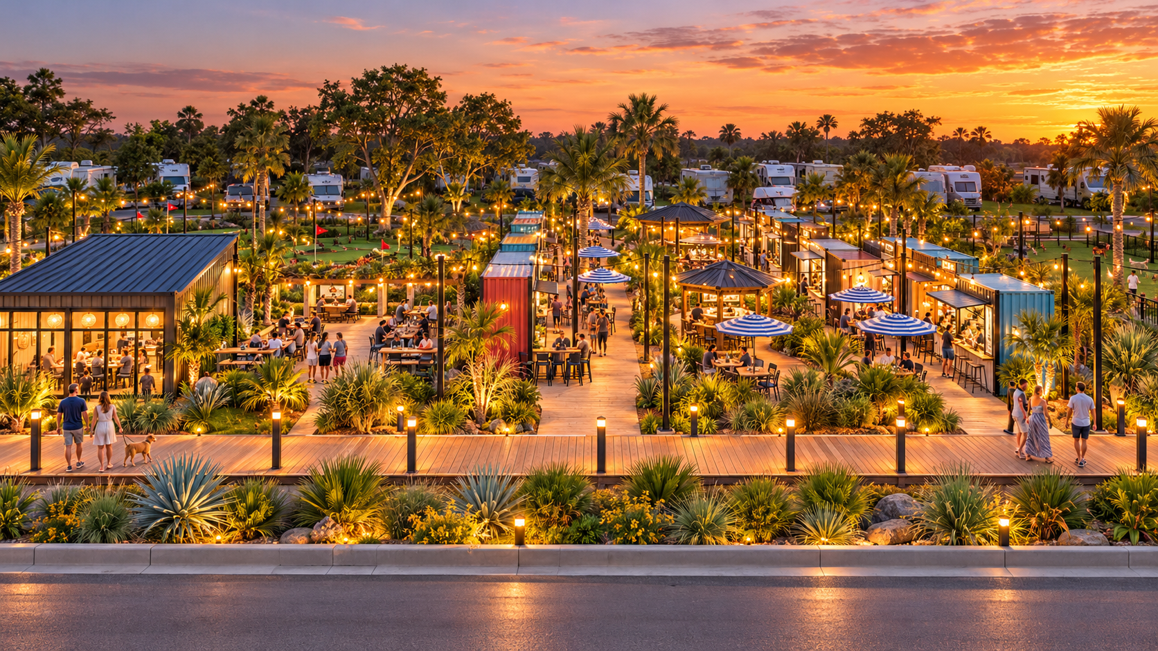 A lively outdoor dining area with colorful lights, food stalls, and people enjoying the sunset in a tropical setting.