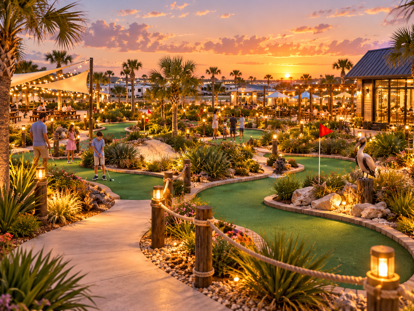 A vibrant mini-golf course at sunset, with people playing and enjoying the scenery filled with plants and warm lights.