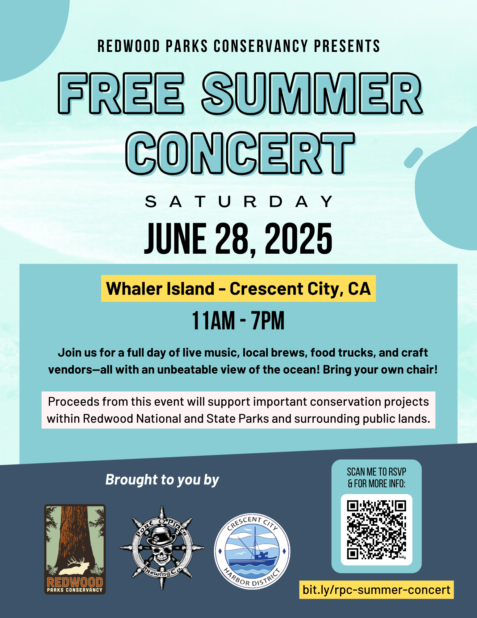 Free Summer Concert on June 28, 2025, 11AM-7PM at Whaler Island, Crescent City, CA. Music, brews, food, and crafts.