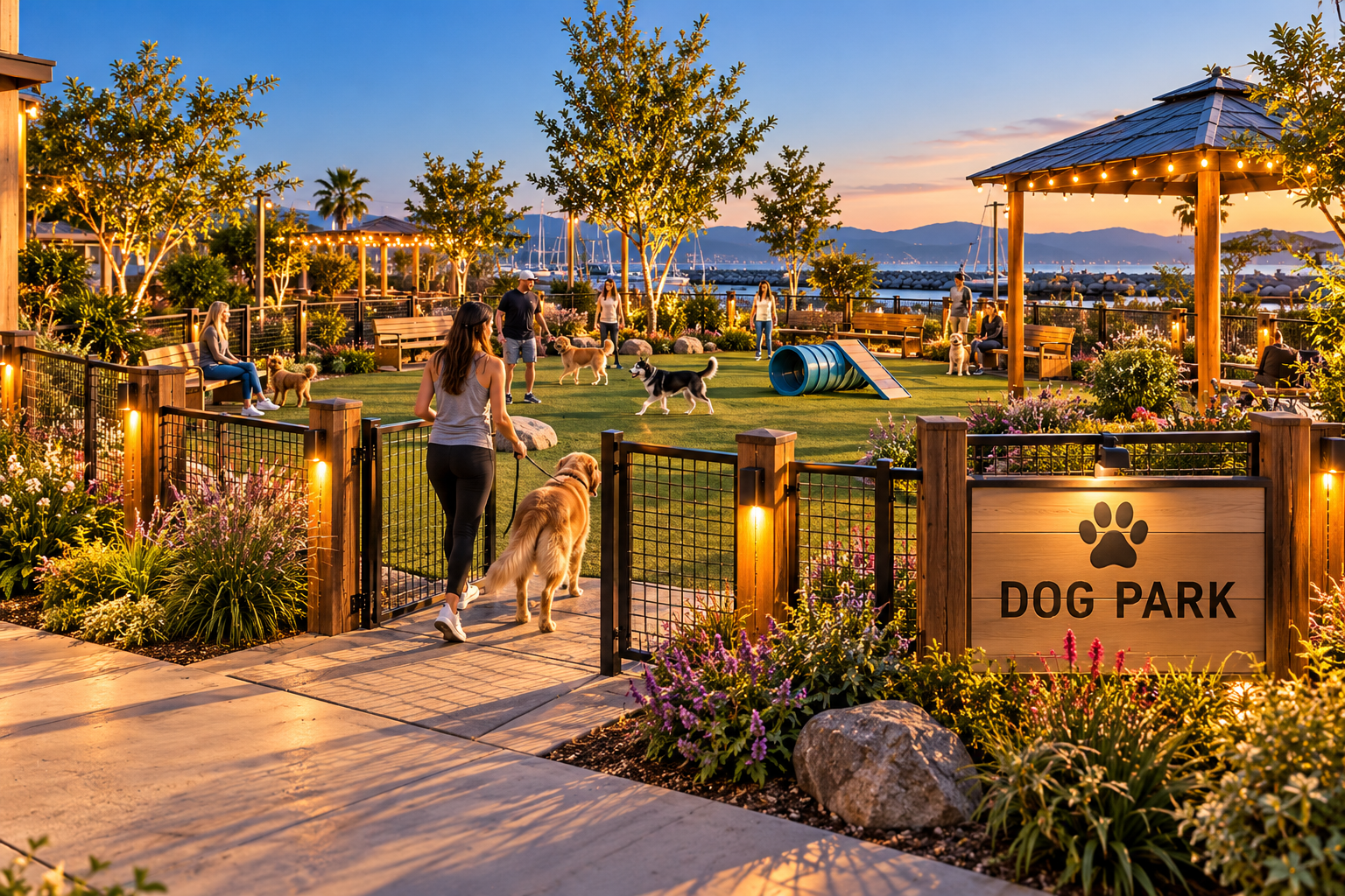 A vibrant dog park at sunset with people and dogs playing, benches, greenery, and a welcoming "DOG PARK" sign.
