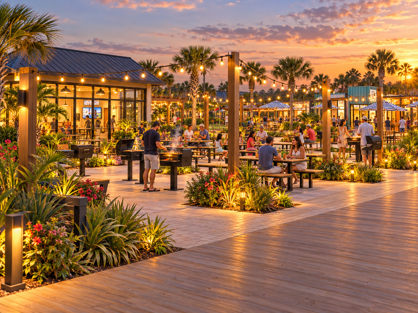 A vibrant outdoor dining area at sunset, featuring grills, plants, and people enjoying food and conversation under string lights.